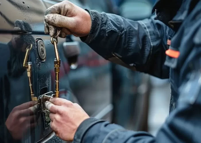 Ein Schlosser von Autoöffnung Kempen, der daran arbeitet, das Türschloss eines Autos zu öffnen. Ein Schlosser von Autoöffnung Kempen, der daran arbeitet, das Türschloss eines Autos zu öffnen.