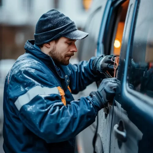 Ein Schlosser von Autoöffnung Kempen, der an der Öffnung eines Autos arbeitet. Ein Schlosser von Autoöffnung Kempen, der an der Öffnung eines Autos arbeitet.
