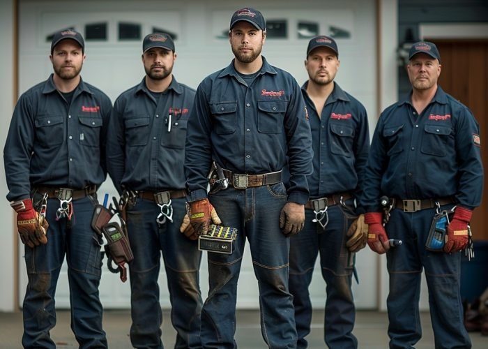 Das Team von Schlossern in Uniformen Das Team von Schlossern in Uniformen